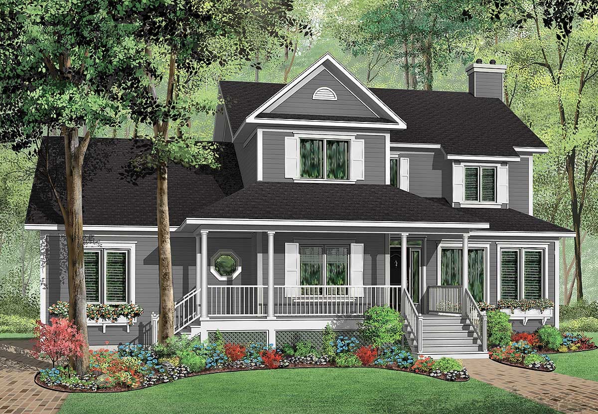 House plan exterior: Two-story home with a wraparound porch, prominent gables, dormer windows, and a central chimney.