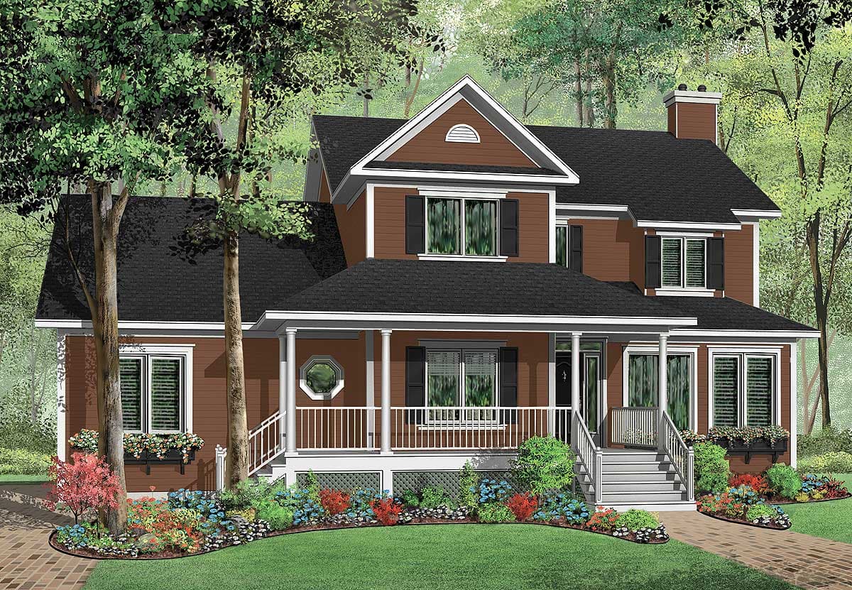 House plan exterior featuring a two-story design with a wraparound porch, gables, and prominent chimney.