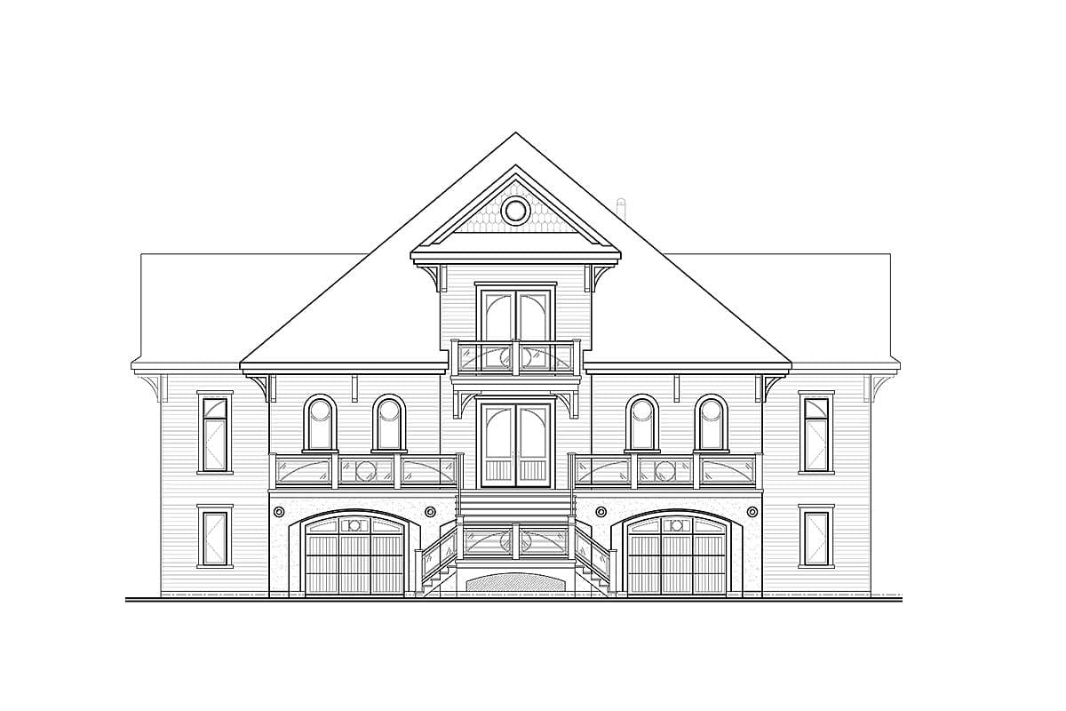 House plan front elevation with gabled roof, double garage doors, central stairs, and balconies with arched windows.