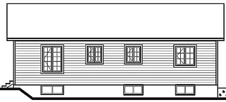 House plan side elevation drawing showing horizontal siding, multiple windows, and a basement.