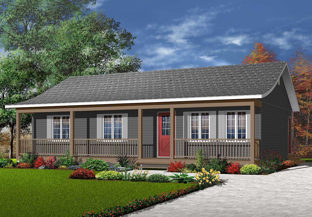 House plan exterior of a one-story home with a full-width covered porch, dark siding, and a prominent red front door.
