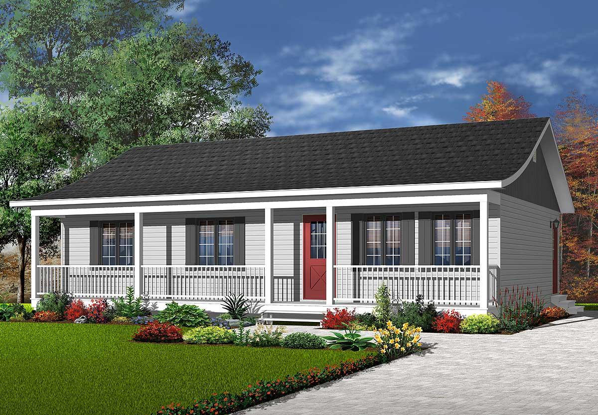 Ranch style house plan exterior with full-length front porch, gabled dormer, and centered entry.