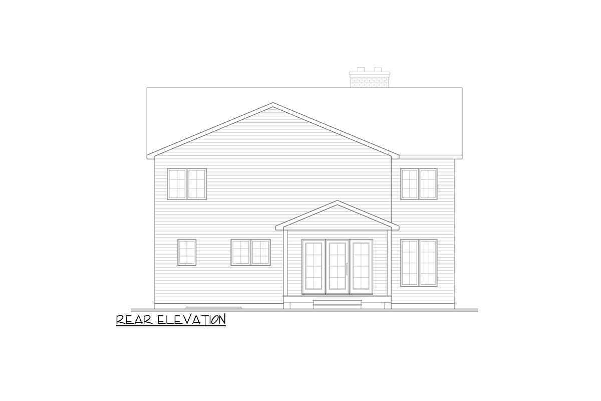 Rear elevation house plan with a gabled roof, two stories, double doors, and a chimney.