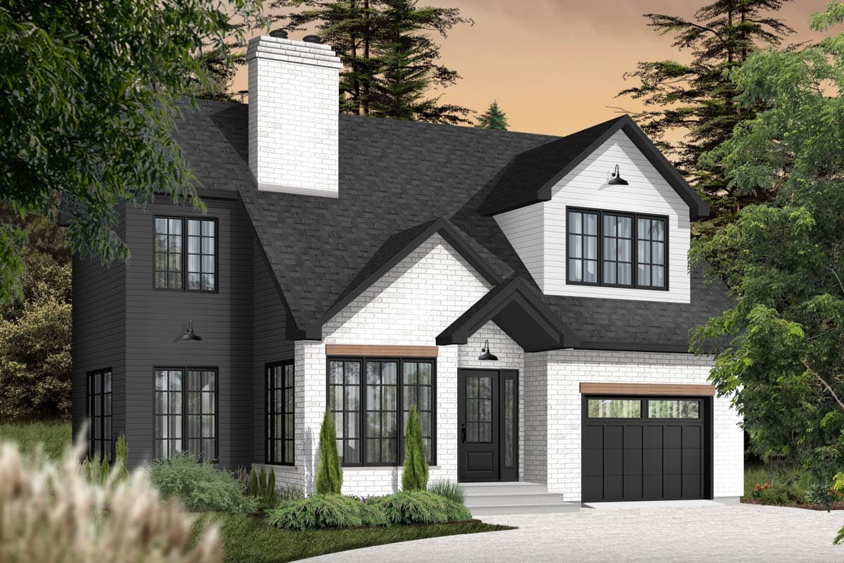 Two-story modern farmhouse exterior with white brick, dark siding, prominent chimney, dormer, and attached garage.