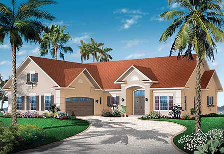 House plan exterior: One-story home with gabled roof, arched entry, and attached two-car garage.