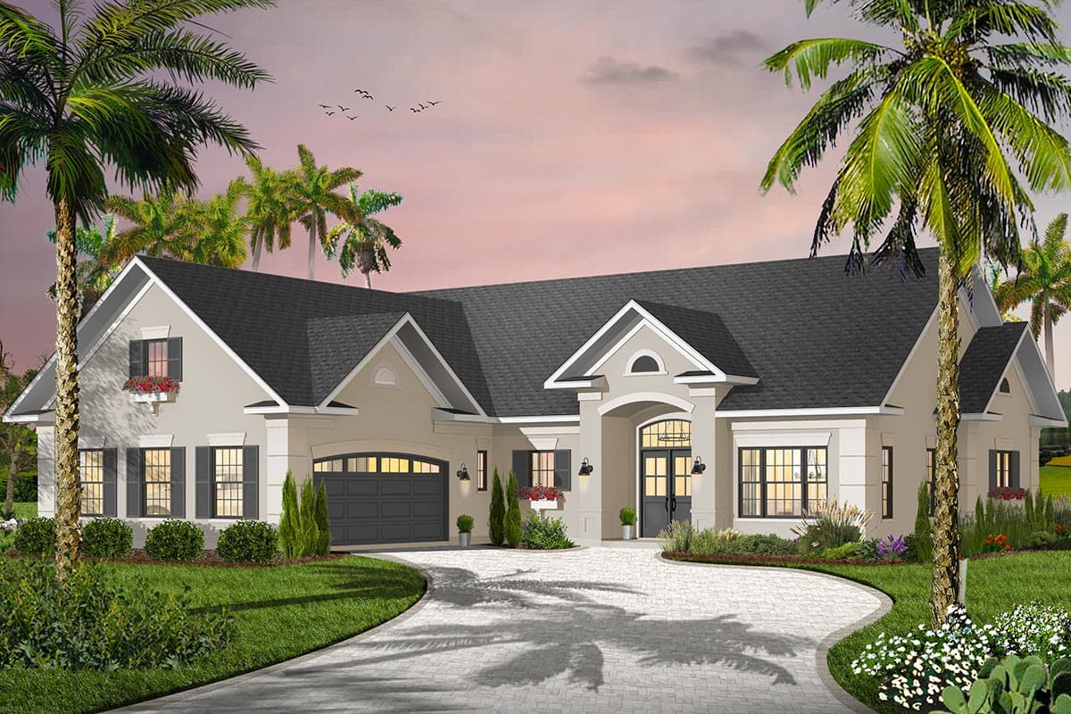 House plan exterior with two stories, gabled roof, arched entryway, and attached two-car garage. Featuring a white facade with dark trim.