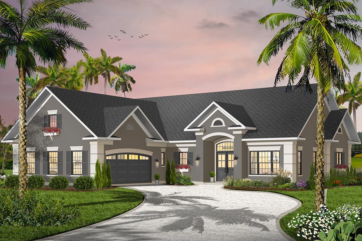 House plan exterior: Ranch style, one story, with arched garage door, arched entryway, and multiple gables.