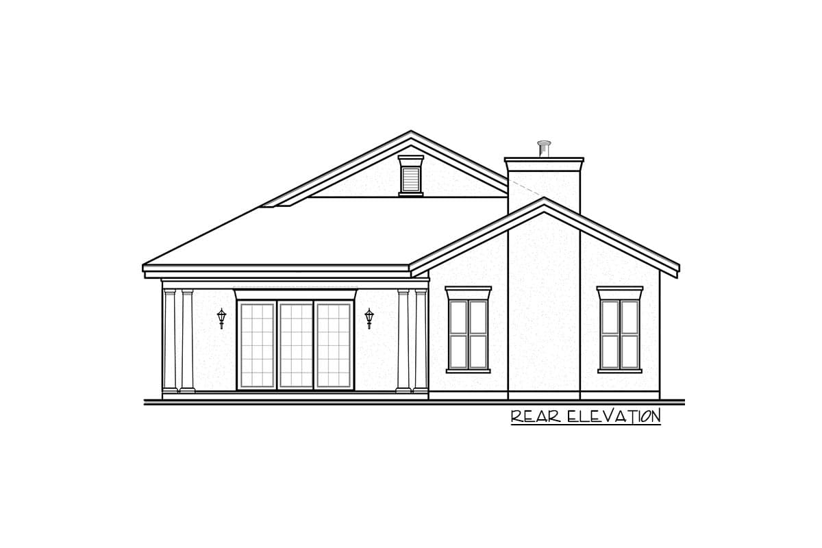 Rear elevation of a single-story house plan featuring French doors, a prominent chimney, and a dormer.
