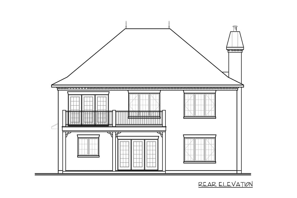 Rear elevation drawing of a two-story house with a balcony, French doors, and a prominent hipped roof.