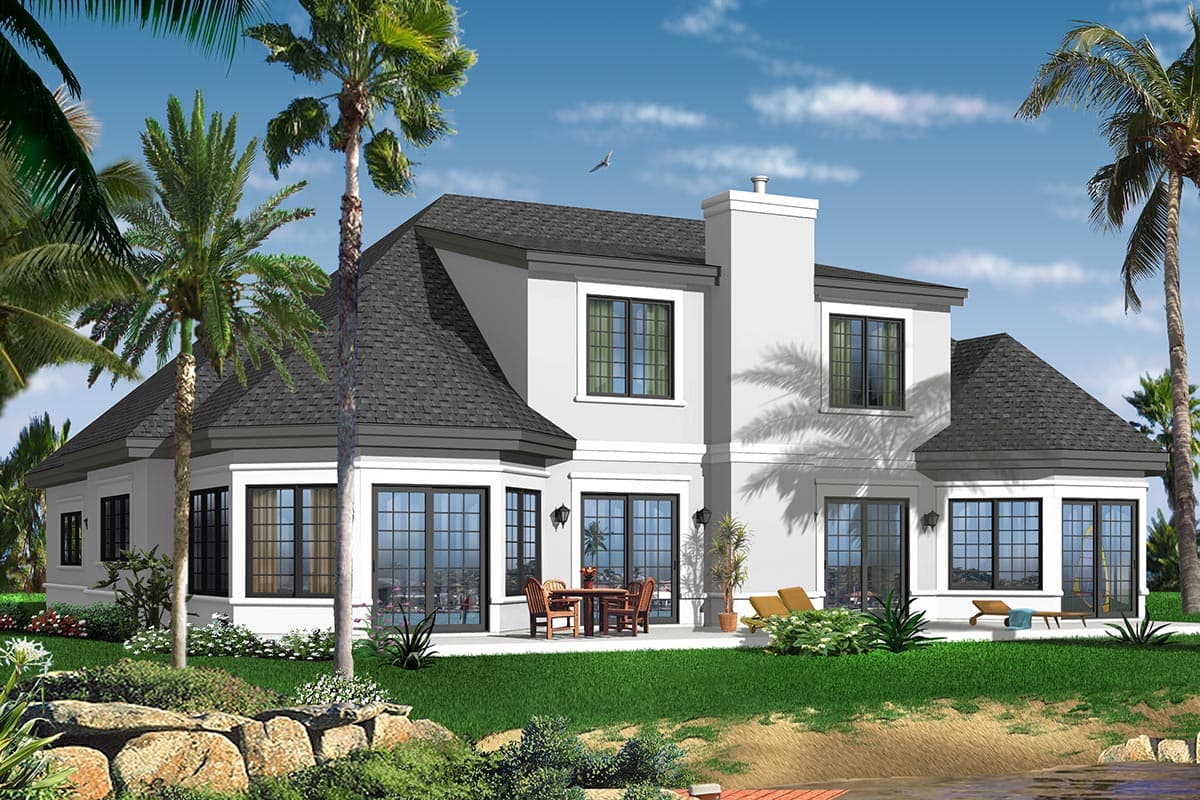 House plan exterior, two stories, gray mansard roof, prominent chimney, and large bay windows.