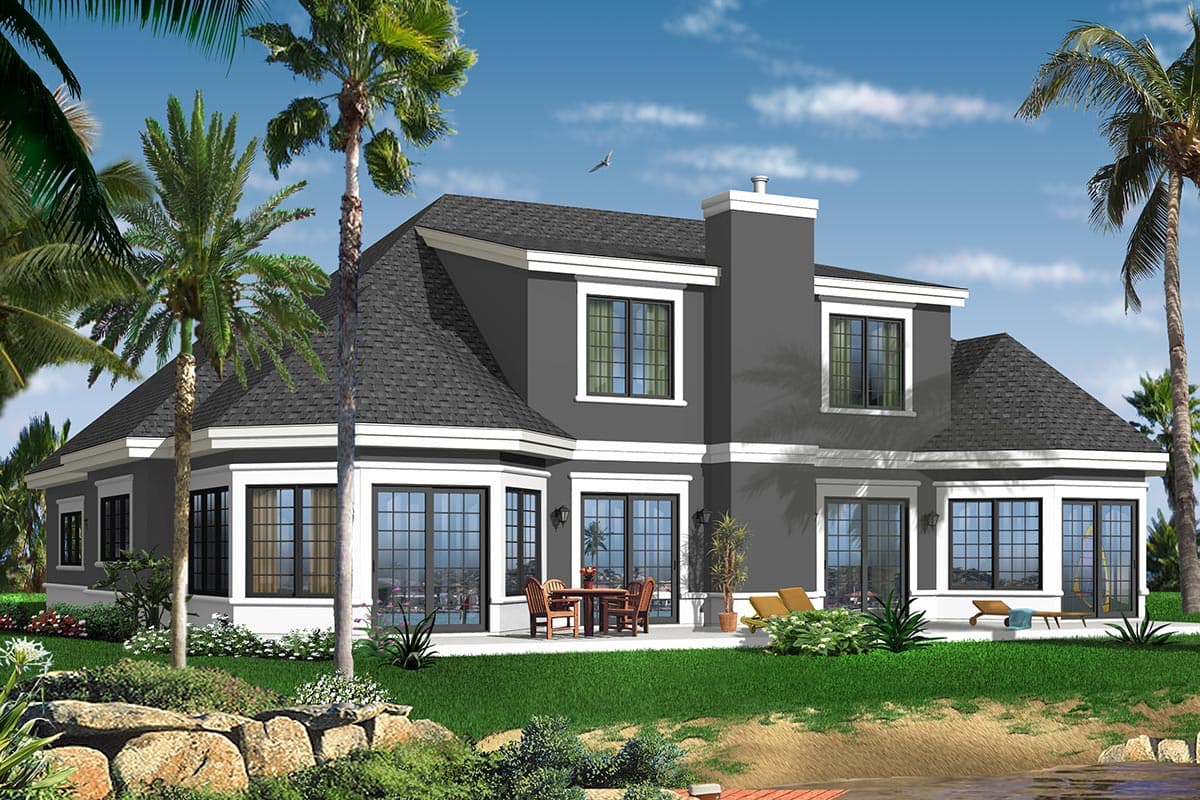 House plan exterior: Modern style, two-story home with a hip roof, prominent chimney, and large bay windows.