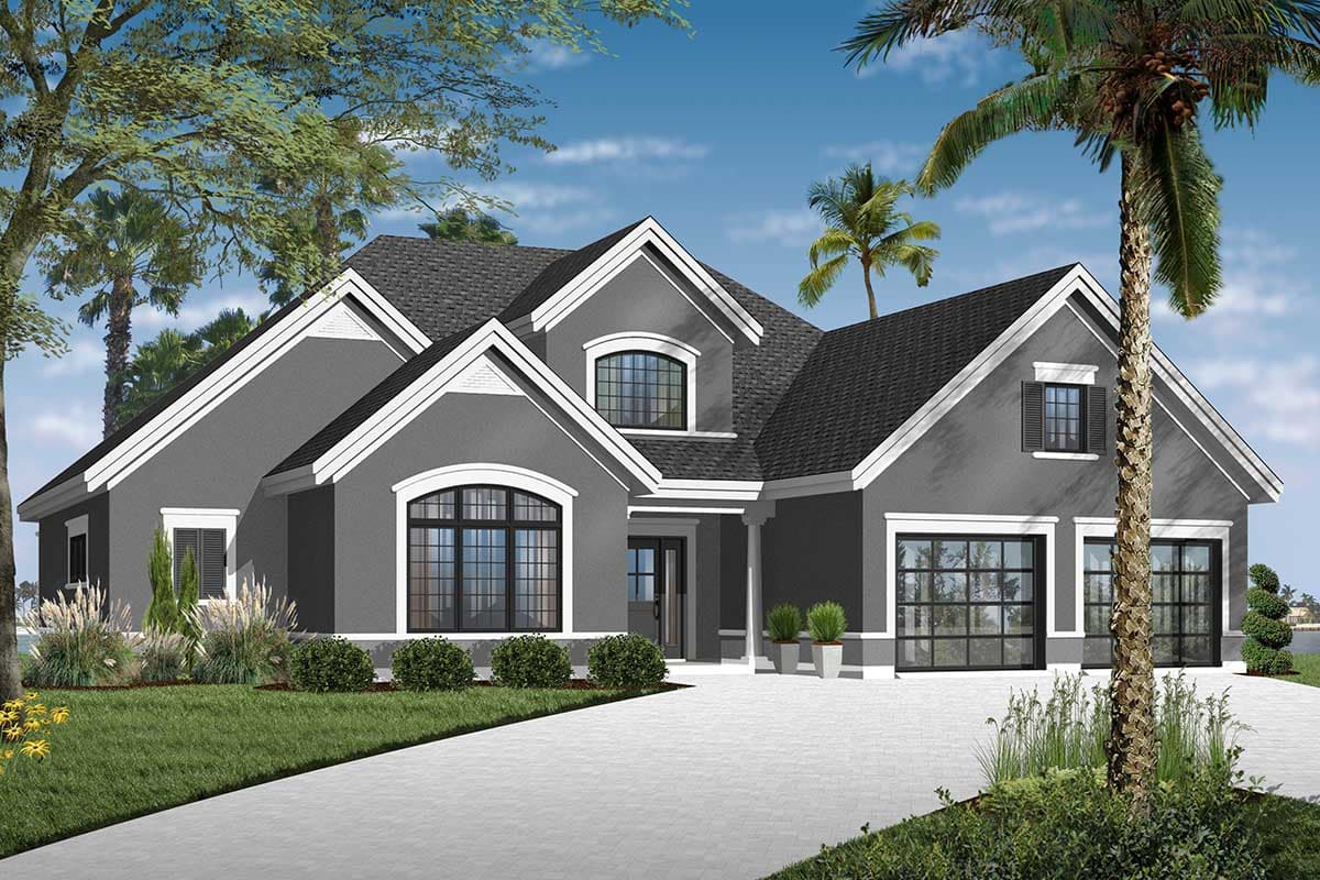House plan exterior: Modern style, two stories, gabled roofs, arched windows, and a two-car garage with glass doors.