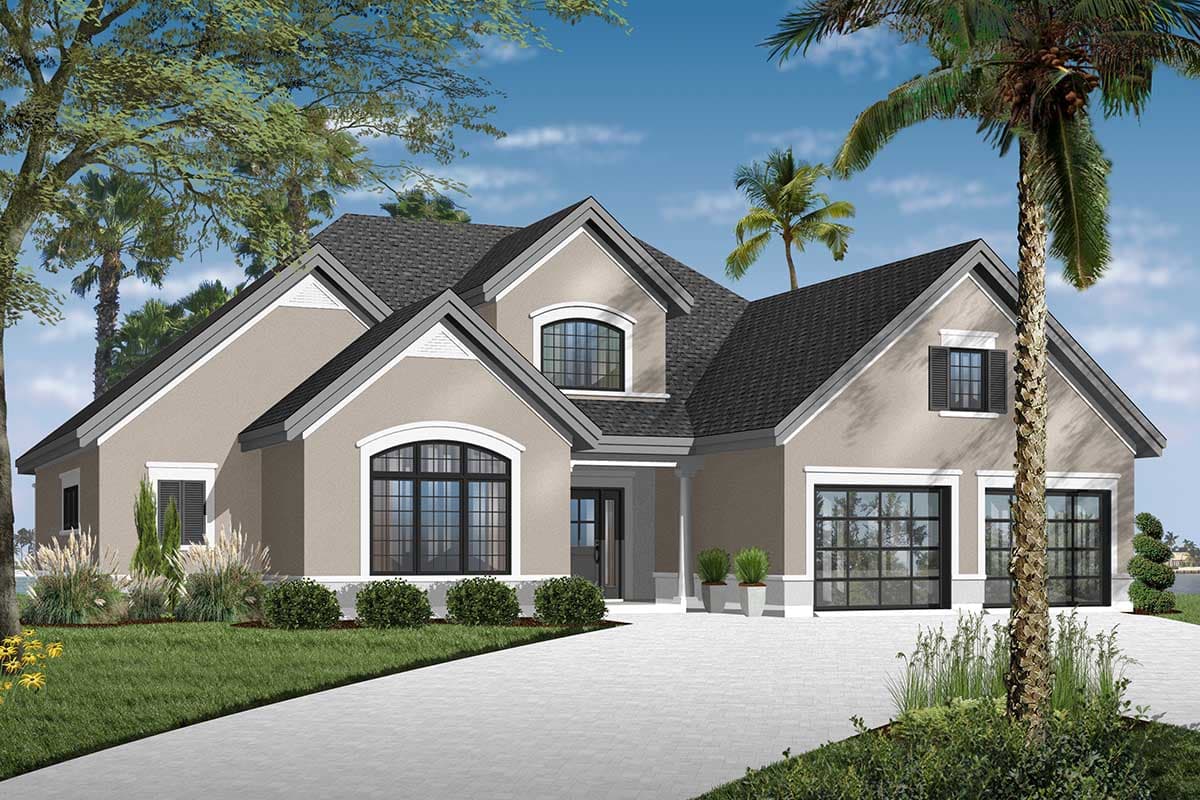 House plan exterior: One-story Modern style with prominent gables, arched windows, a covered entry, and a two-car garage.