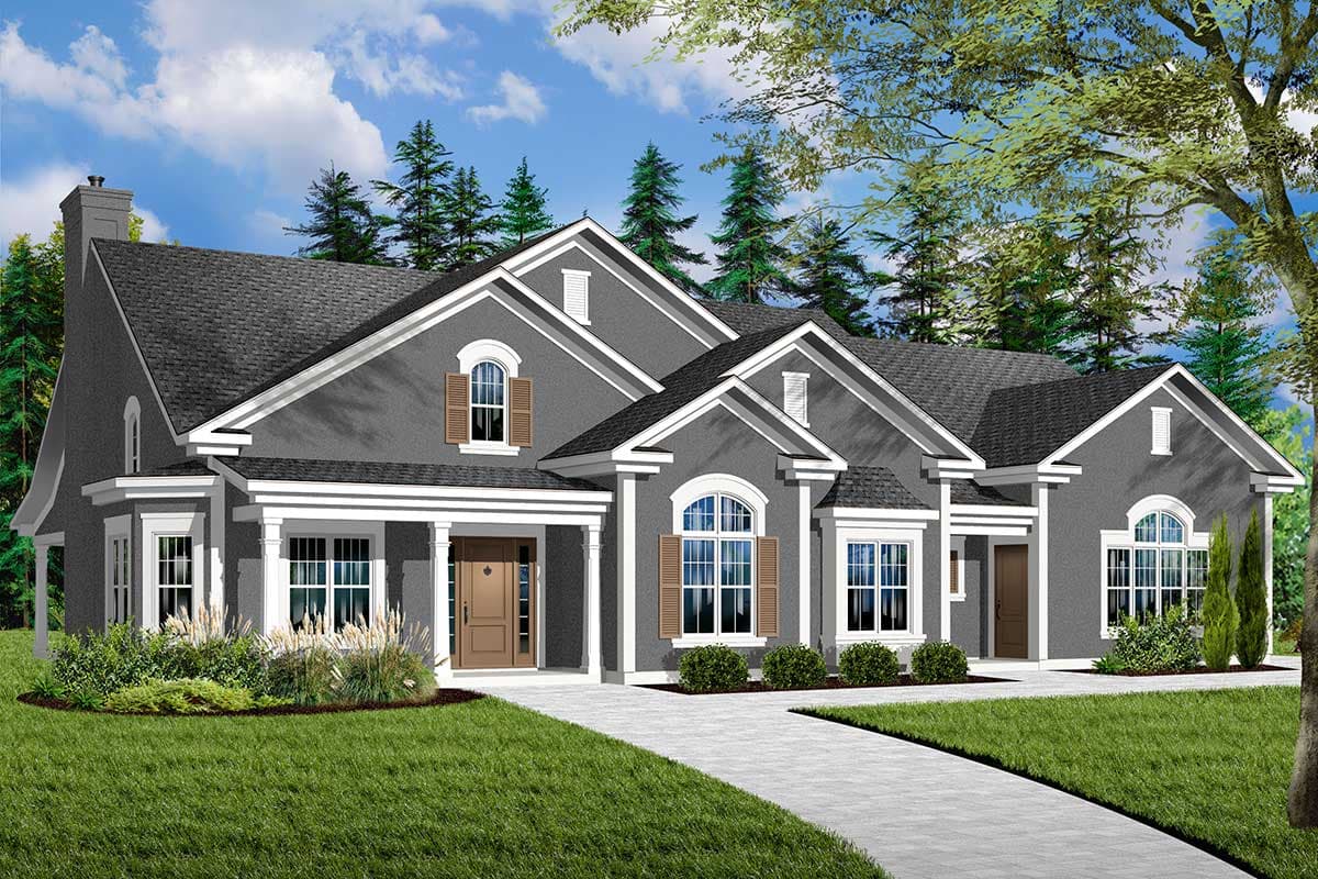 House plan exterior. Ranch-style home with multiple gables, arched windows, shutters, and a covered porch. Single-story design.