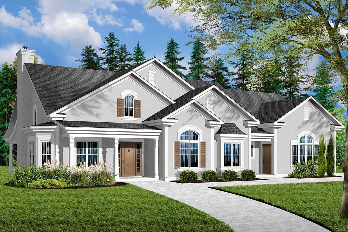 House plan exterior with stucco finish, covered porch, arched windows, gables, and dormers.