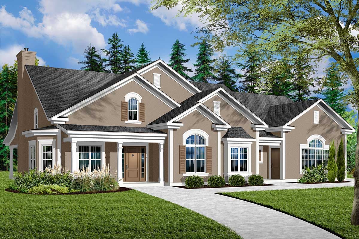 House plan exterior: One-story Contemporary home with hipped roof, arched dormers, prominent chimney, and covered entry porch with columns.