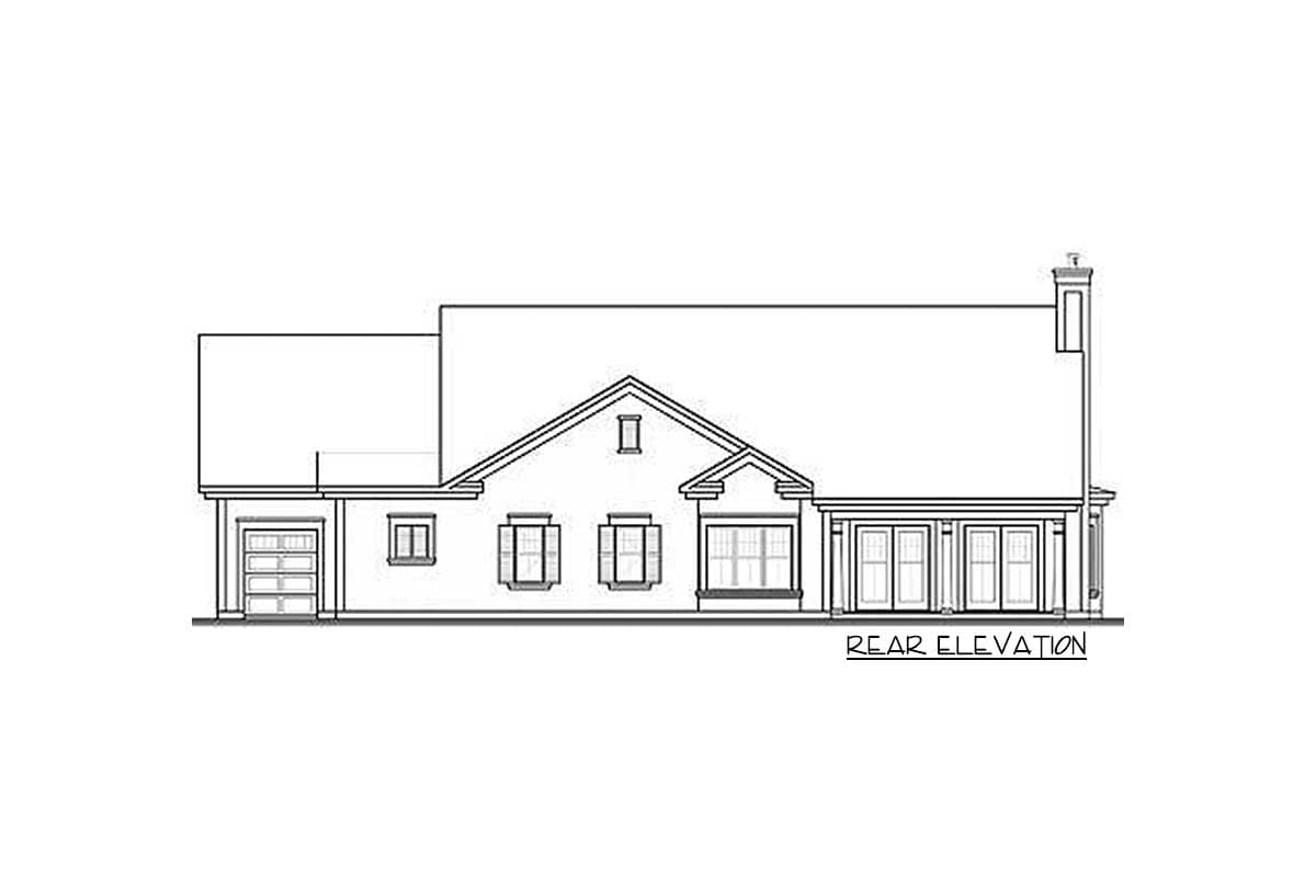 Rear elevation drawing of a house plan featuring a detached garage, multiple windows, and a covered patio with double doors.