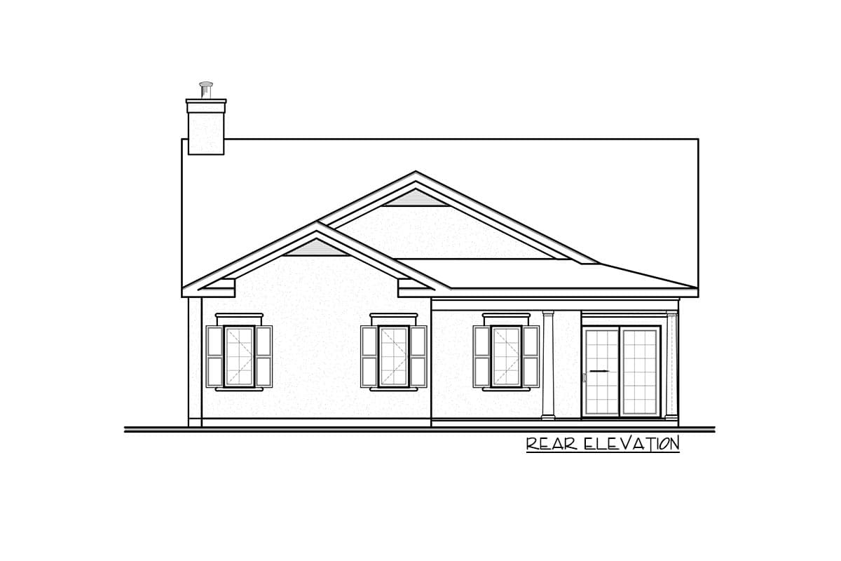Rear elevation floor plan drawing shows a house with a chimney, gabled rooflines, multiple windows, and double glass doors.