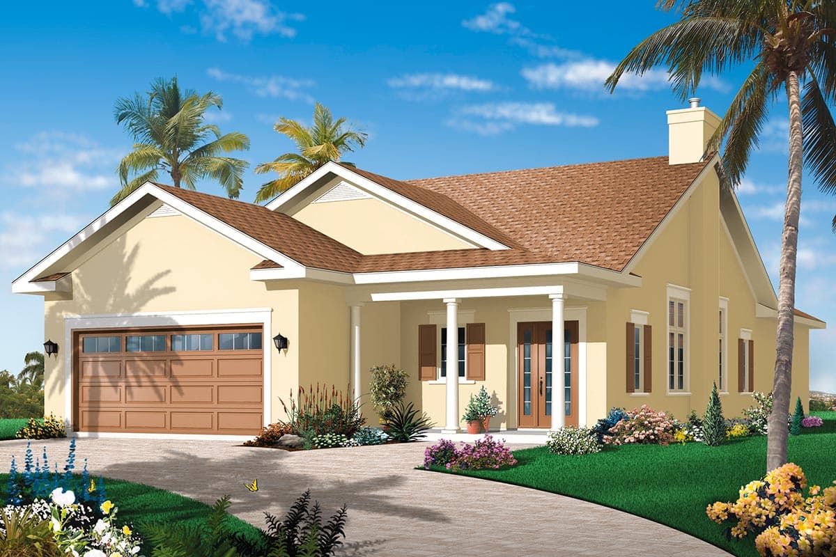 House plan exterior: Single-story home with front-entry garage, covered porch with columns, and multiple gables.