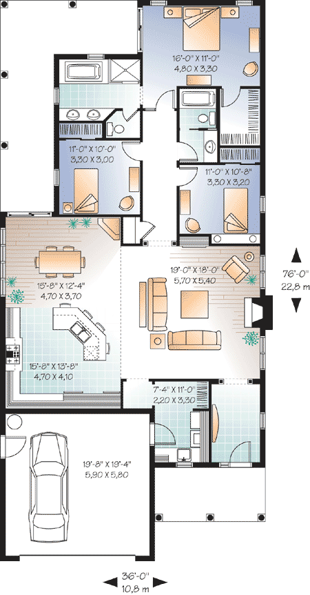 Plan 21657DR: Narrow Lot Florida Ranch - Floor Plan - Main Level - Florida-Style, Ranch
