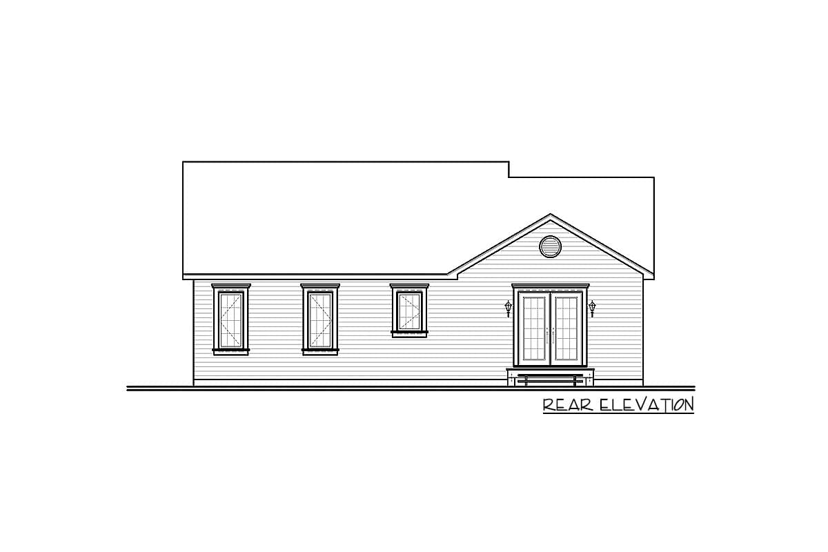Rear elevation drawing of a single-story house plan with three windows, double doors, and a gable with a round vent.