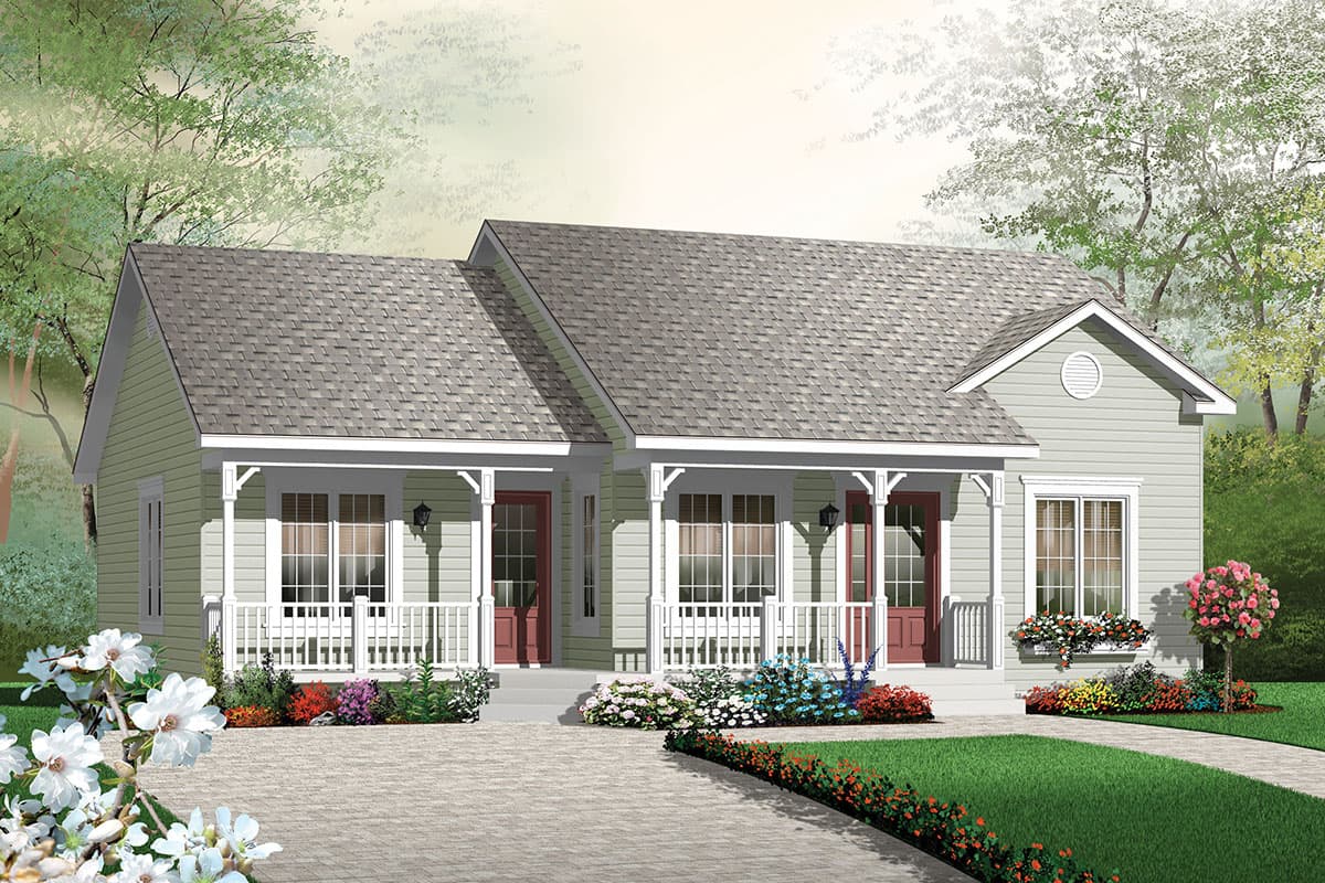 House plan exterior: Ranch style, one story, with double front porches, gabled rooflines, and a single gable with a round vent.