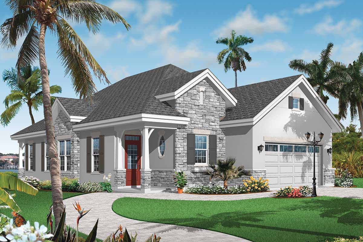 House plan exterior: Single-story home with stone facade, covered entry, dormer window, and attached two-car garage.