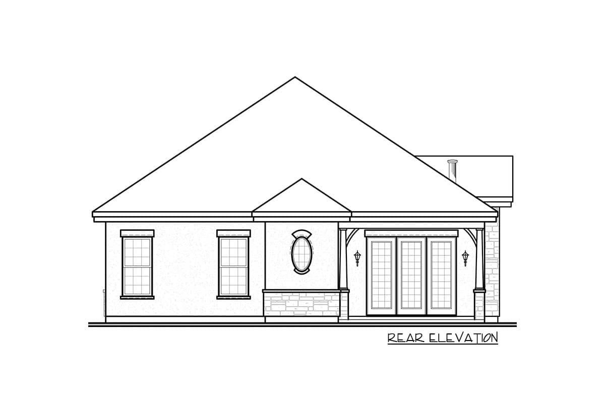 Rear elevation house plan shows a single-story structure with a hipped roof, two windows, and double glass doors on a covered patio.