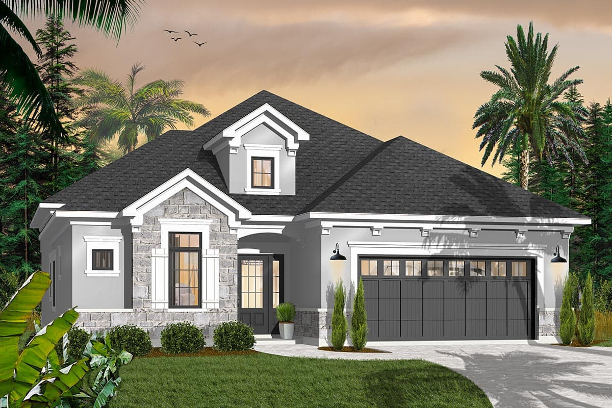 House plan exterior: One-story home with stone accents, prominent gables, dormer, covered entry, and a two-car garage.