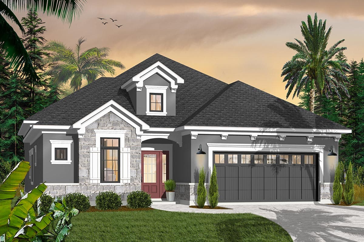 House plan exterior: One-story home with stone accents, prominent gables, dormer window, and a two-car garage.