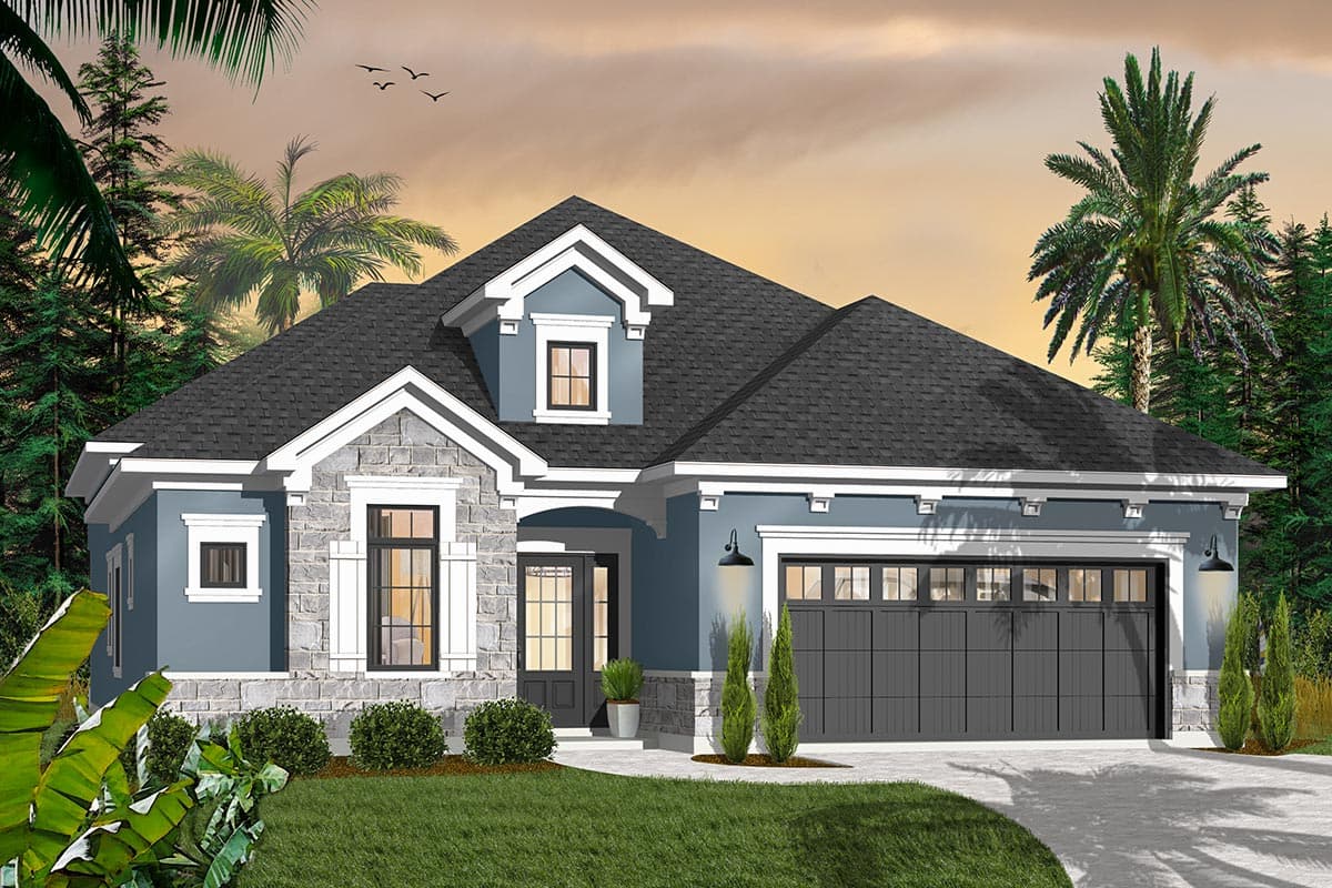 House plan exterior. Ranch style with stone accents. Features include a front-facing garage, dormer, and gabled roofline.