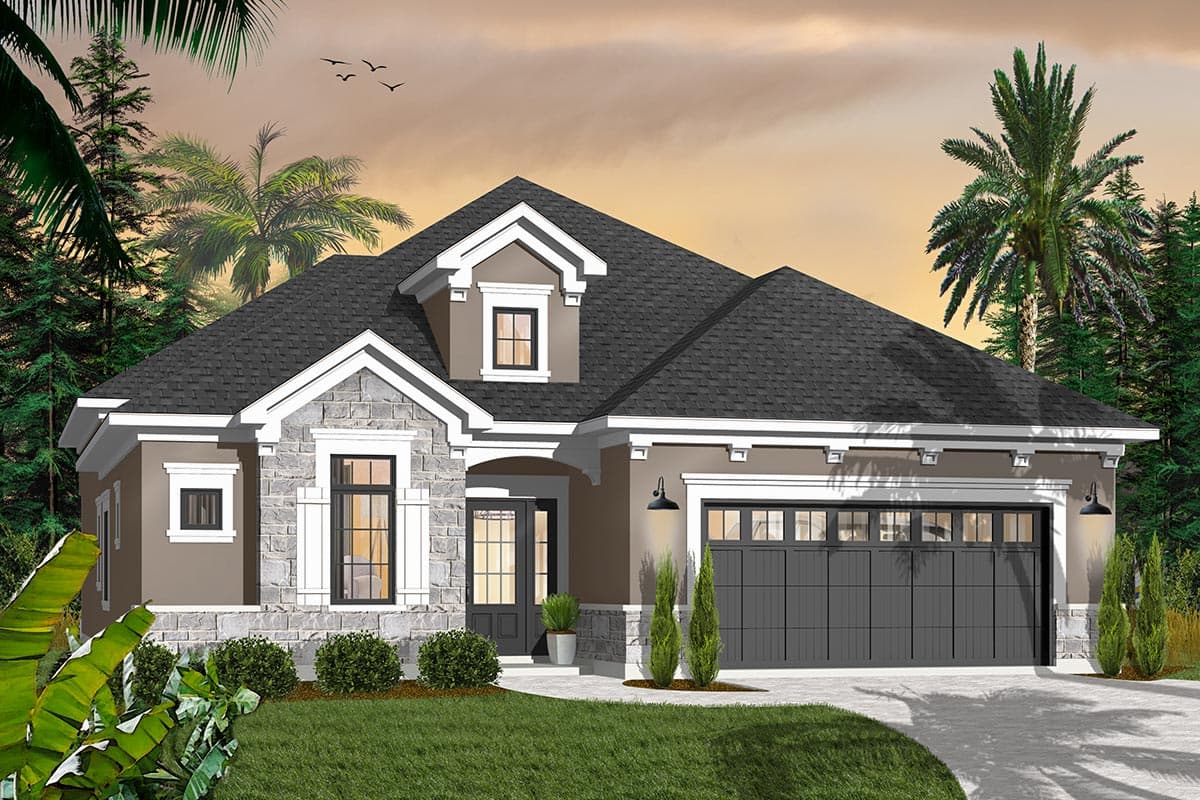 House plan exterior: One-story home with stone accents, front entrance porch, and attached two-car garage.