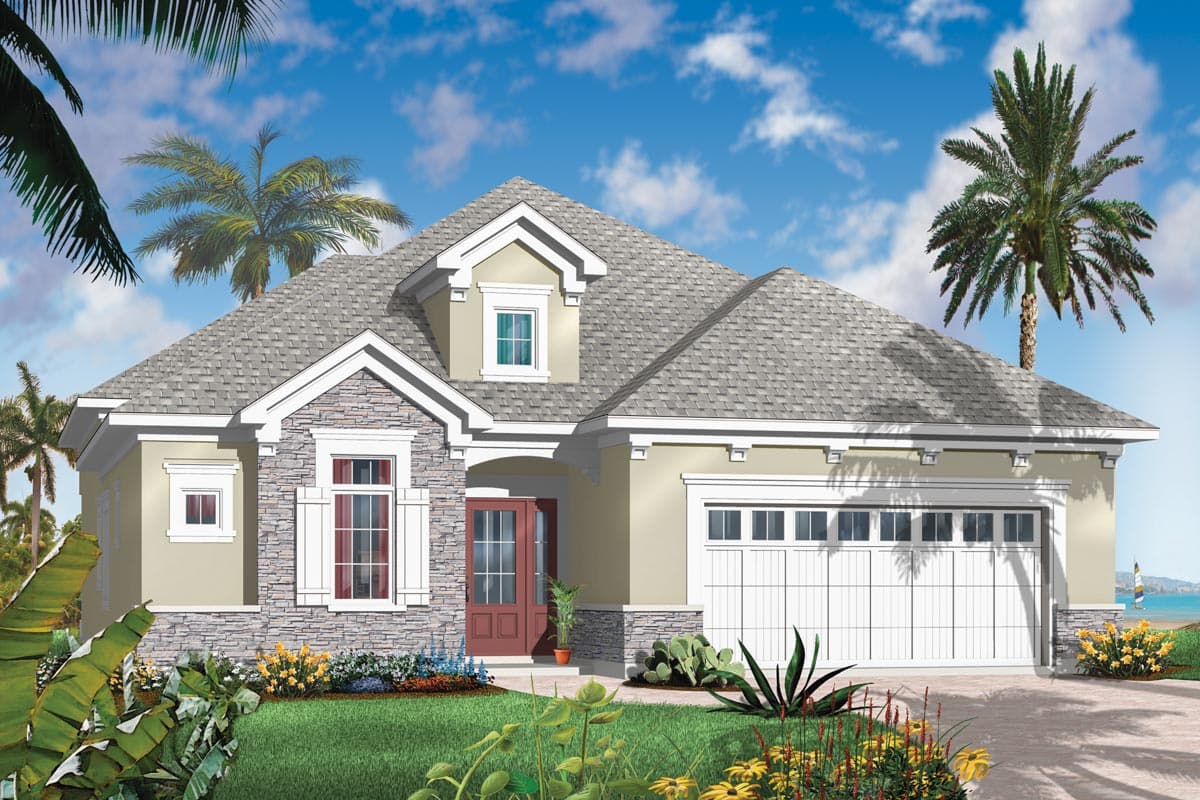 House plan exterior: Single-story ranch with stone accents, dormer, covered entry, and side-facing garage.