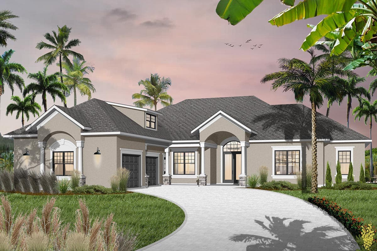 House plan exterior: one-story home with arched entryway, dormer, and three-car garage.