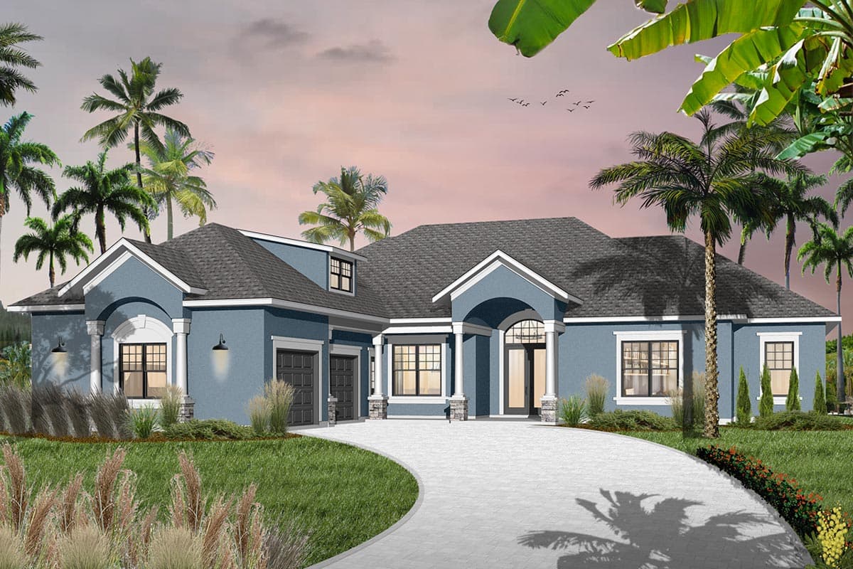 House plan exterior with stucco siding, a hipped roof, arched entry, and a two-car garage. Dormer and columns present.