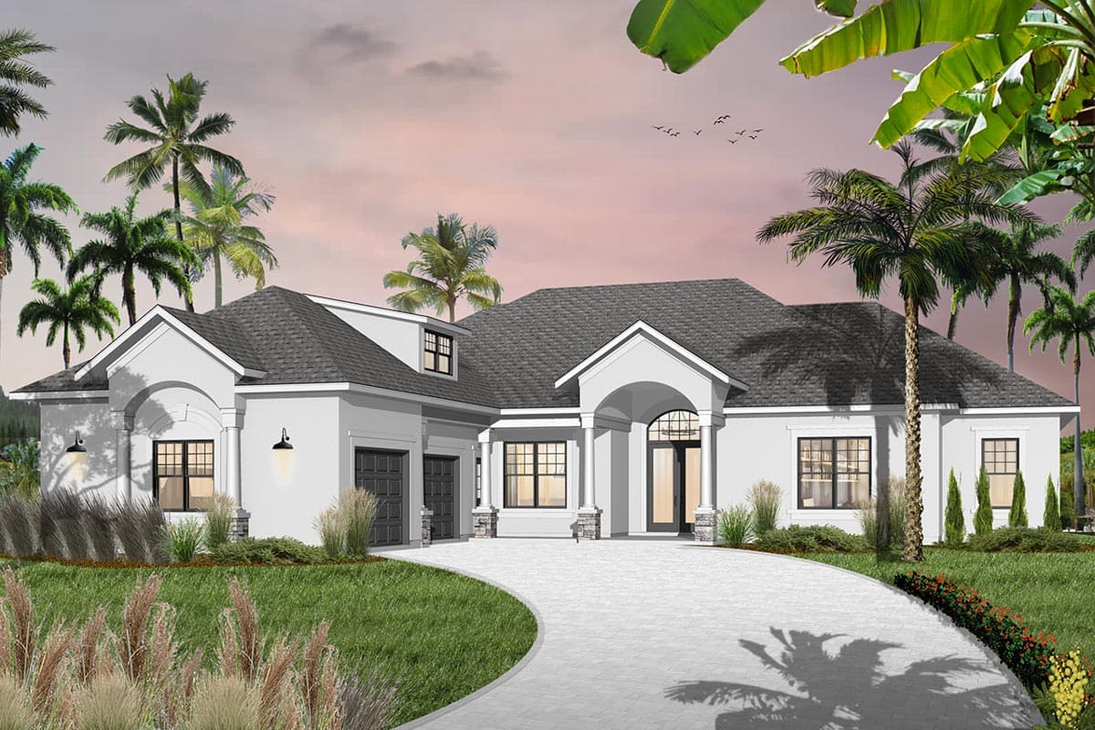 House plan exterior: One-story Modern house with arched entryway, dormer window, and attached two-car garage.