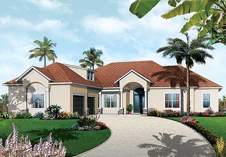 House plan exterior: One-story home with arched entryway, gabled dormer, and a side-facing two-car garage.