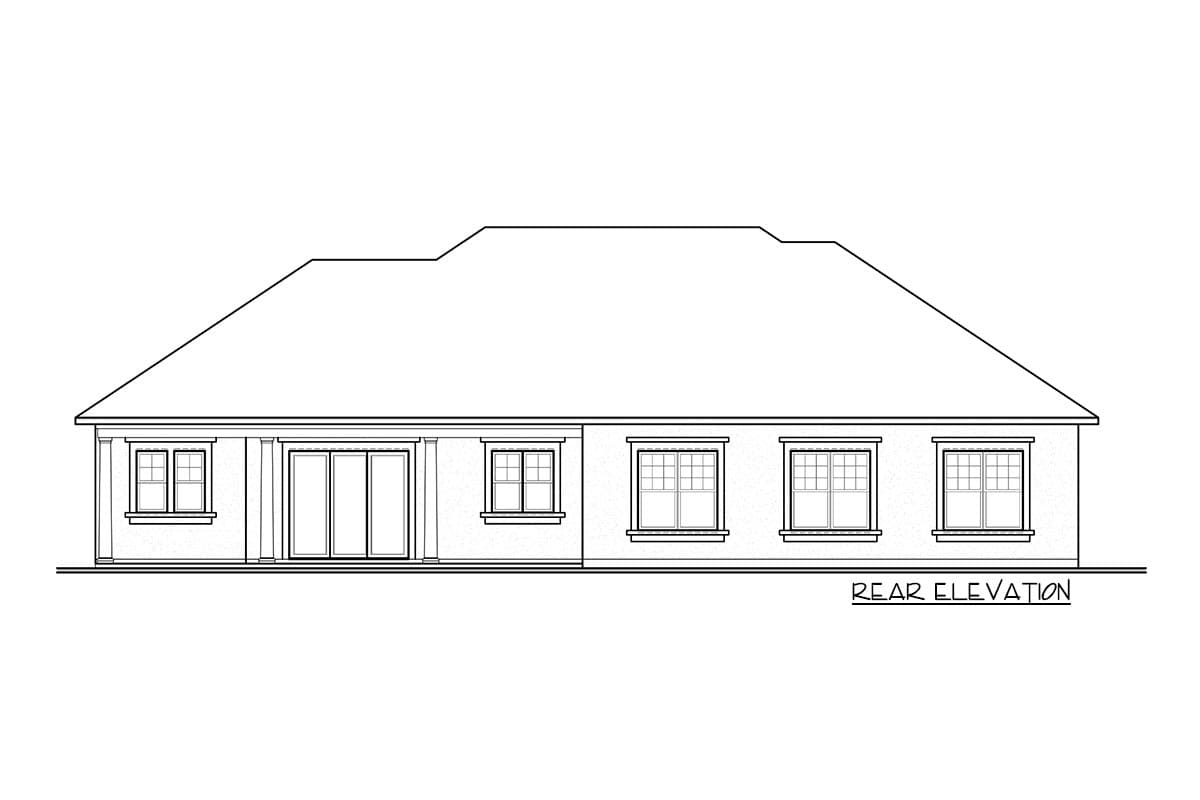 Rear elevation drawing showing a house plan with multiple windows and sliding glass doors.