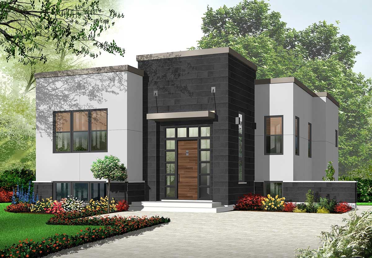 Modern house plan exterior with stone facade, large windows, flat roofline, and covered entryway.