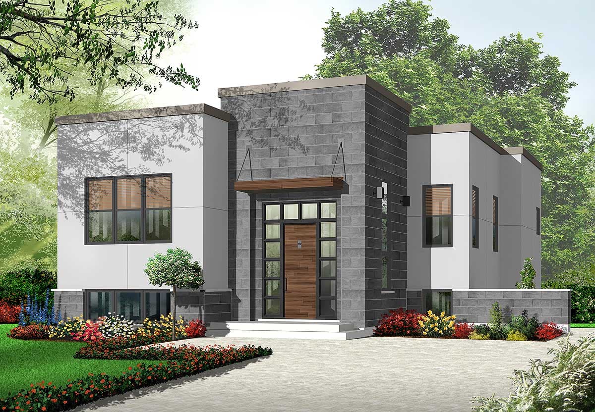 Modern house plan exterior with stacked stone facade, flat roofline, large windows, and wood door with glass sidelights.