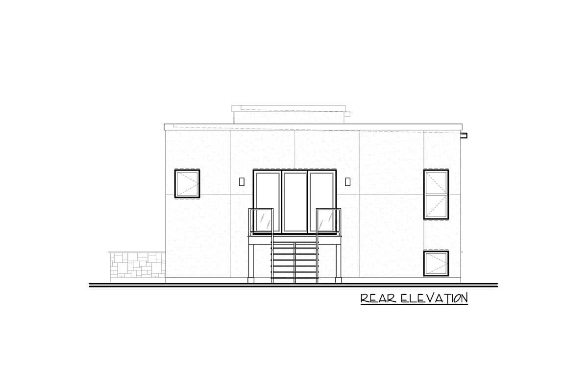 Rear elevation of a modern house plan featuring a flat roof, sliding glass doors, deck, and stacked windows.
