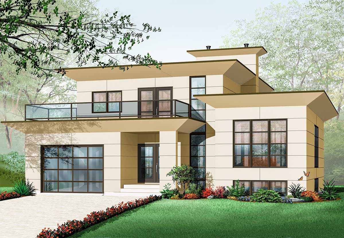 Modern house plan exterior with flat rooflines, second-story balcony with glass railing, and attached garage.