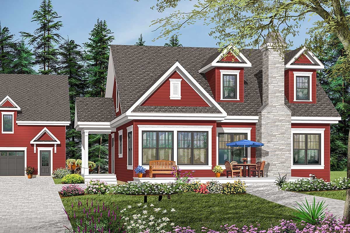 House plan exterior of a two-story red house with a stone chimney, front porch, gables, and attached garage.