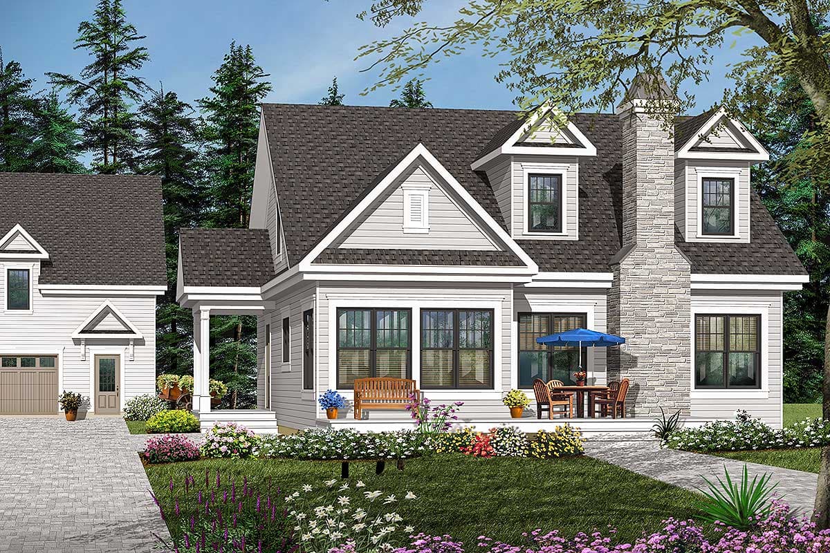 House plan exterior with two stories, gabled roof, dormers, and a stone chimney. Features a front porch and attached garage.