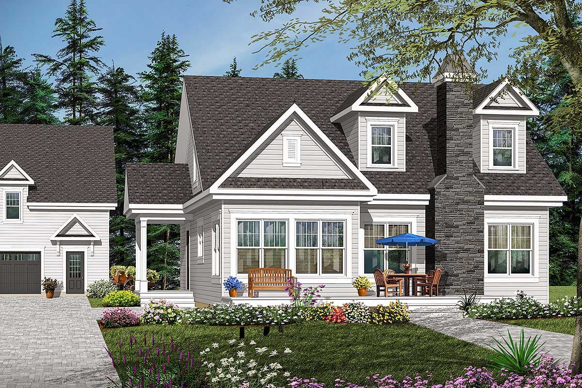 House plan exterior: Two-story home with gabled dormers, stone chimney, covered porch, and side-entry garage.