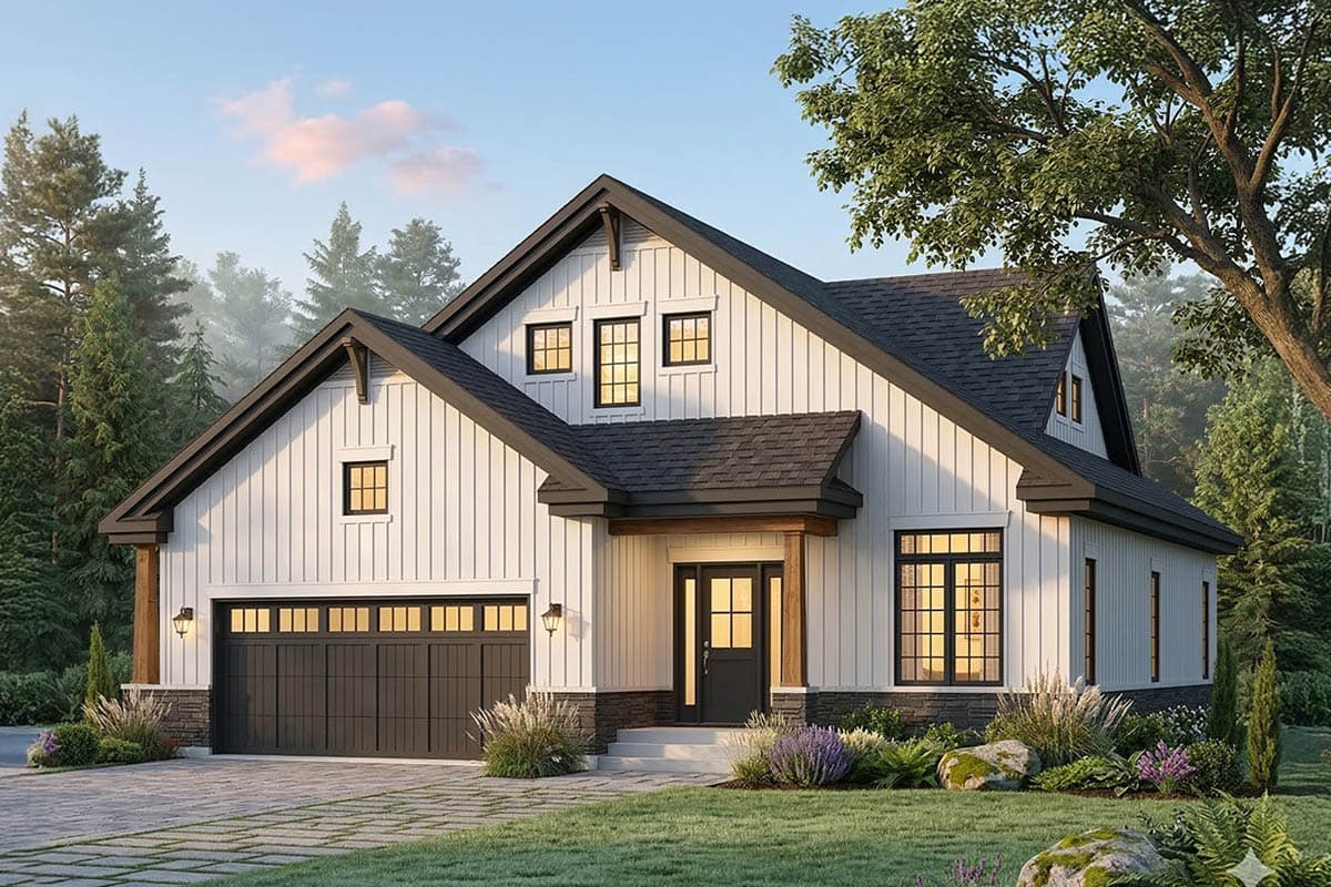 Modern Farmhouse house plan exterior with board and batten siding, gables, dormers, and a two-car garage.