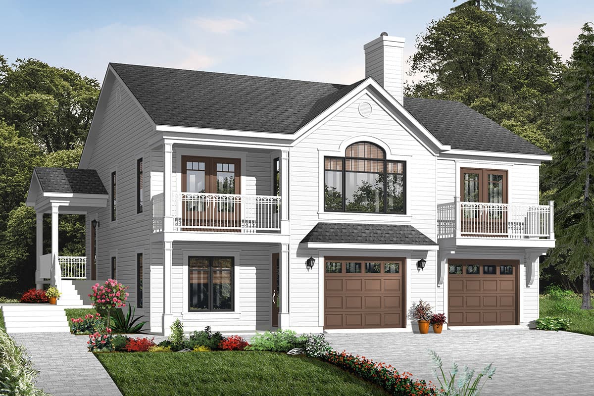 House plan exterior of a two-story white home with a gabled front, two balconies, a covered front porch, and a side-facing two-car garage.
