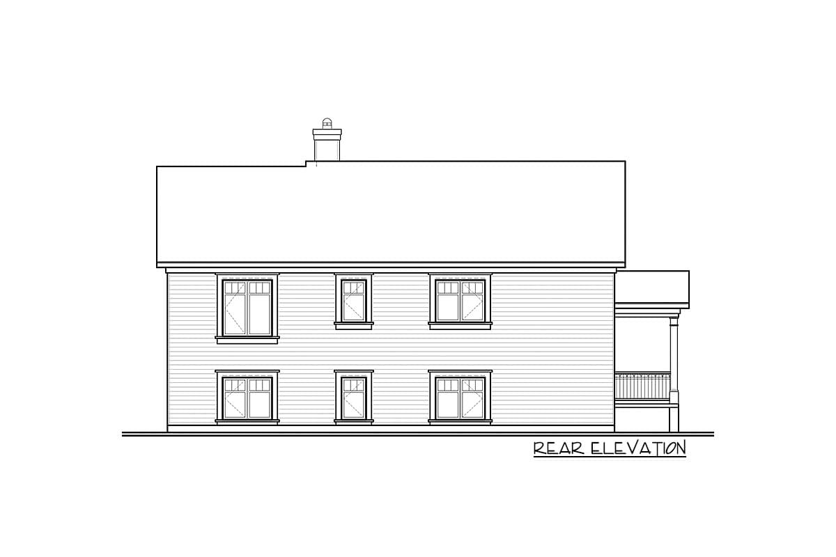 Rear elevation drawing of a two-story house plan with six windows and a covered porch with railing.