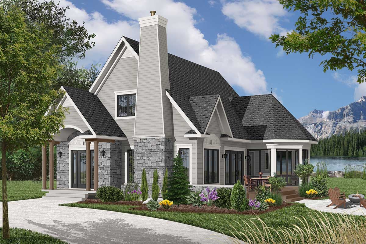 House plan exterior featuring a stone base, prominent chimney, gabled rooflines, and a covered front porch with timber posts.