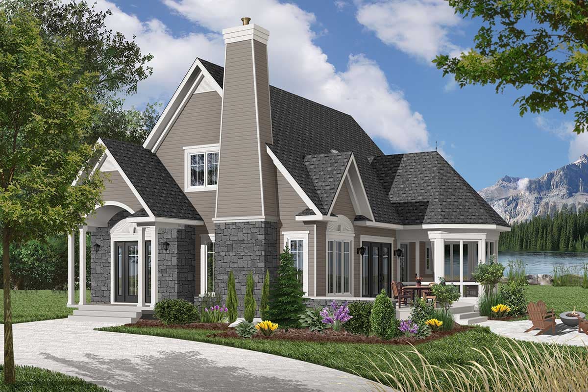 House plan exterior: Two-story home with stone accents, large gabled dormers, prominent chimney, and covered entry porch.